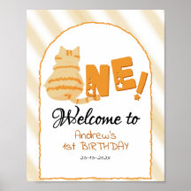 Cute Fat Orange Cat 1st Birthday Welcome Sign