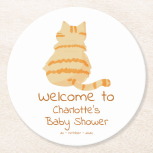 Cute Fat Orange Cat Baby Shower Round Paper Coaster