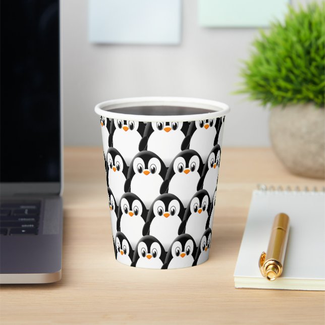 Cute Fat Penguin All Over Print Pattern Paper Cups (Insitu)
