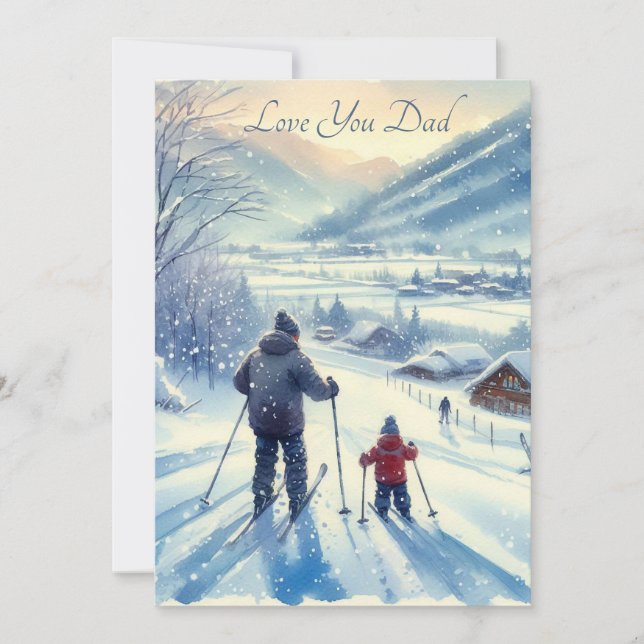 Cute Father and Son Skiing Together Watercolor Holiday Card (Front)