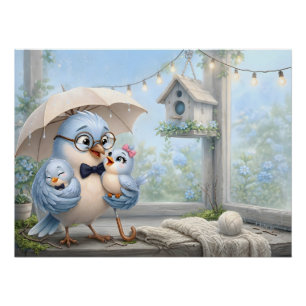 Cute Father Bird & Baby Glossy Poster