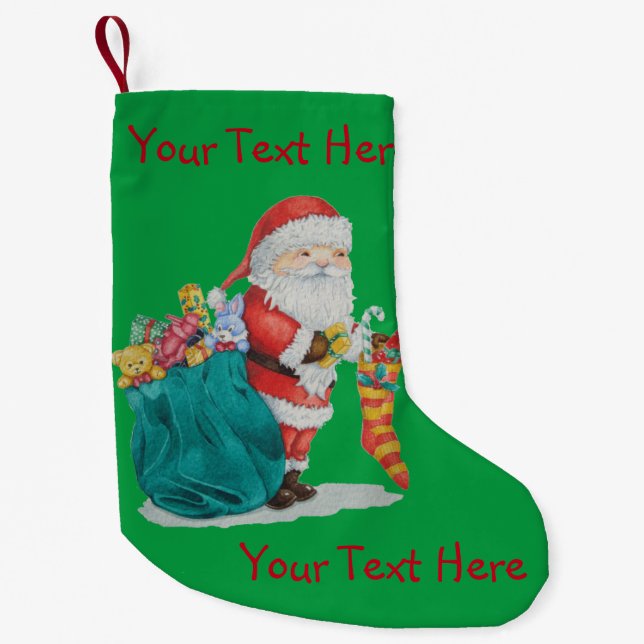 Cute father christmas with toys and gifts in sack small christmas stocking (Front)