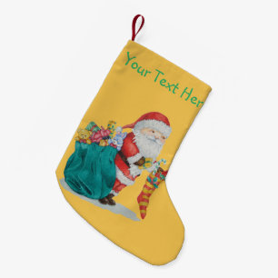 Cute father christmas with toys and gifts in sack small christmas stocking