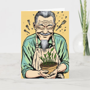 Cute Father's Day Asian Dad holding a Plant Card