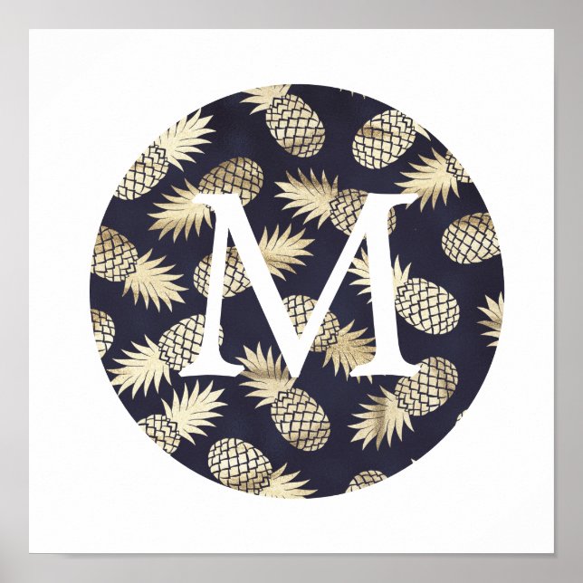 cute faux foil gold pineapple monogram poster (Front)