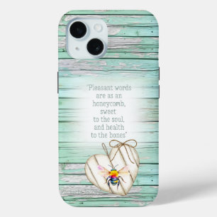 Cute Faux Green Wood Heart Rainbow Bee Faith iPhone 15 Case