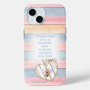 Cute Faux Pastel Wood Heart Bee Scripture iPhone 15 Case
