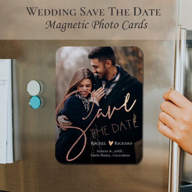 Cute Faux Rose Gold Wedding Photo Save The Date Magnet (Creator Uploaded)