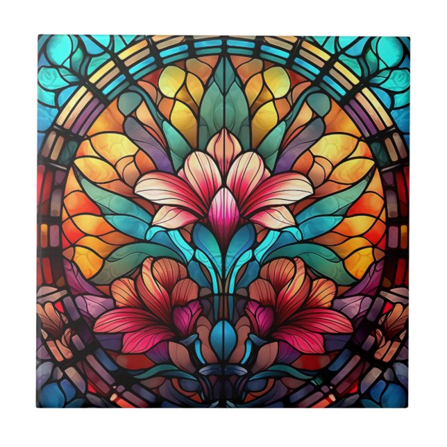 cute faux stained glass lovers flowers  tile (Front)