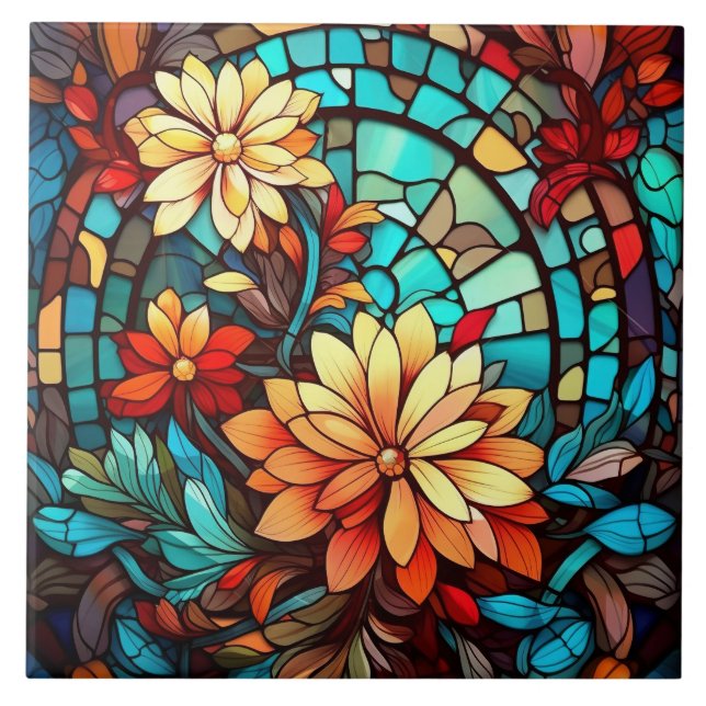 cute faux stained glass lovers flowers  tile (Front)