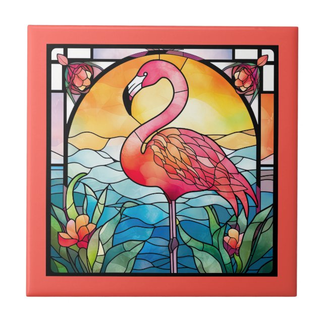cute faux stained glass pink flamingo  tile (Front)