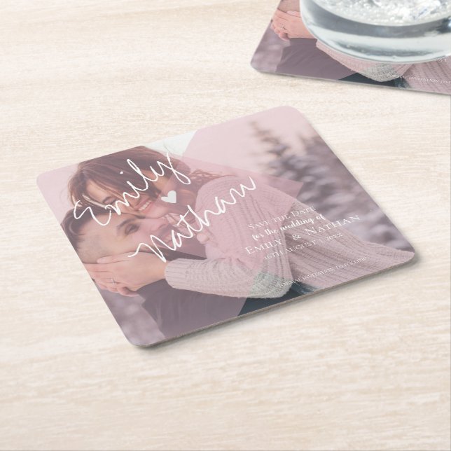 Cute Faux Vellum Heart Pastel Pink Photo Wedding Square Paper Coaster (Angled)