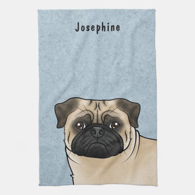 Cute Fawn Cartoon Pug Head Close-Up And Name Blue Tea Towel (Vertical)