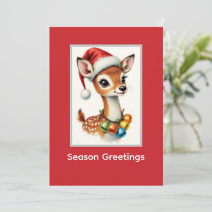 Cute Fawn Reindeer Santa Hat Holiday Card