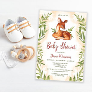 Cute Fawn Watercolor Botanical Baby Shower Invitation
