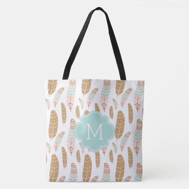 Cute Feathers Monogrammed Tribal Inspired Pattern Tote Bag (Front)
