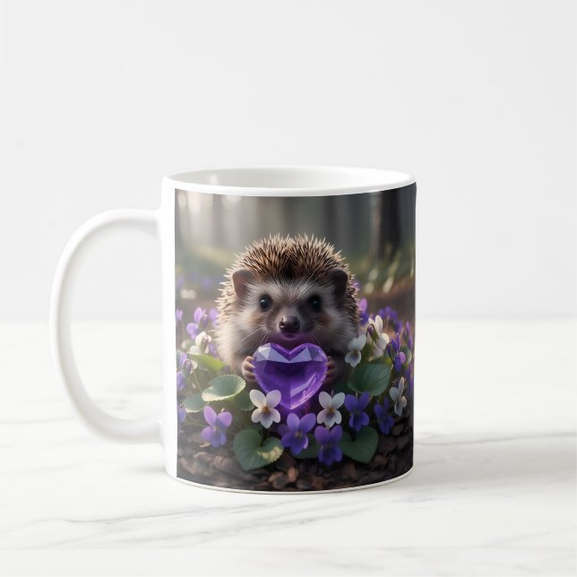 Cute February Hedgehog with Amethyst Heart Coffee Mug (Left)