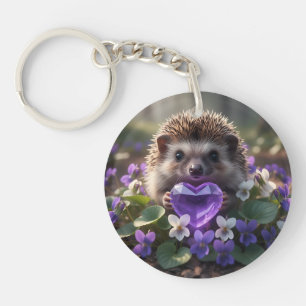 Cute February Hedgehog with Amethyst Heart Key Ring