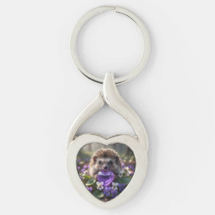 Cute February Hedgehog with Amethyst Heart Key Ring