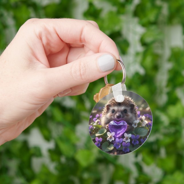 Cute February Hedgehog with Amethyst Heart Key Ring (Hand)