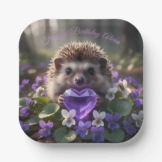 Cute February Hedgehog with Amethyst Heart Paper Plate (Front)