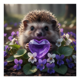 Cute February Hedgehog with Amethyst Heart Poster