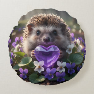 Cute February Hedgehog with Amethyst Heart Round Cushion