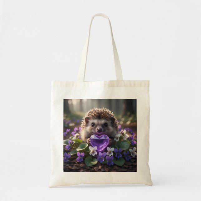 Cute February Hedgehog with Amethyst Heart Tote Bag (Front)