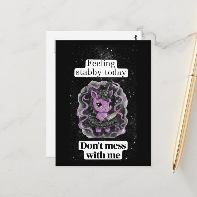 Cute Feeling Stabby Purple Unicorn Don't Mess With Postcard (Front/Back In Situ)