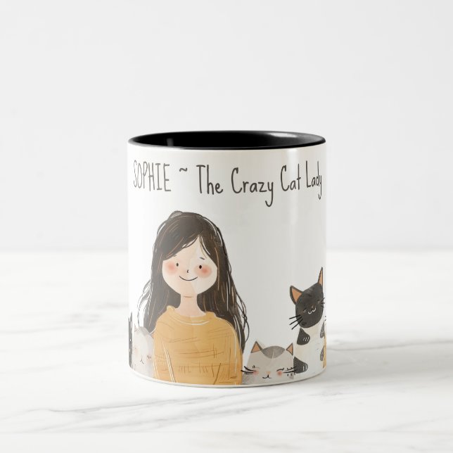 Cute Felines Crazy Cat Lady with Name Two-Tone Coffee Mug (Center)
