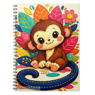 Cute Felt Monkey with Colorful Floral Leaves Notebook