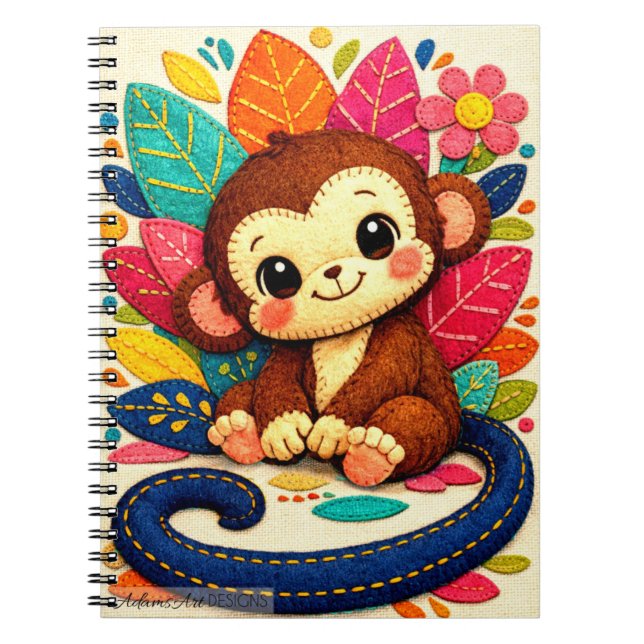 Cute Felt Monkey with Colourful Floral Leaves Notebook (Front)
