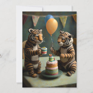 Cute Felted Tigers Birthday Flat Greeting Card