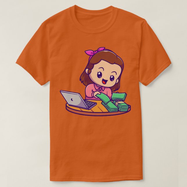 Cute Female Accountant With Laptop And Money Carto T-Shirt (Design Front)