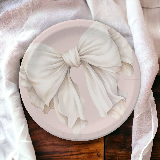 Cute Feminine Ivory White Bow on Pink Paper Plate (Round plates available in 2 sizes: 7-inch diameter and 9-inch diameter.)