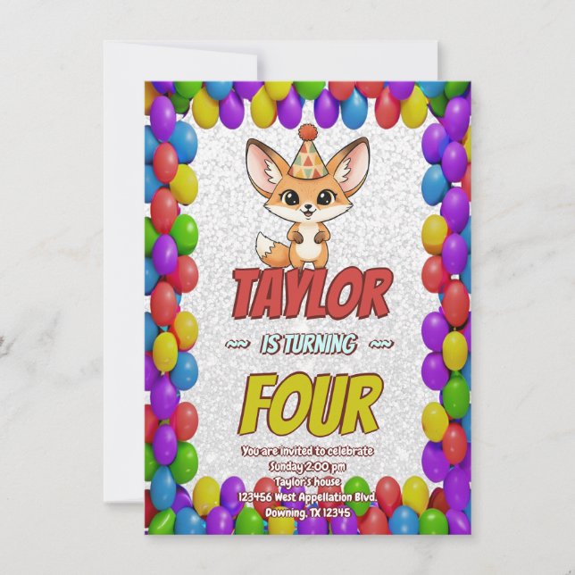 Cute Fennec Fox 4th Birthday Invite (Front)