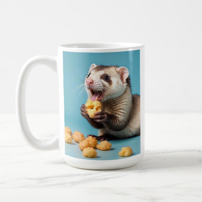 Cute Ferret Eating Cheese Puffs Coffee Mug (Left)