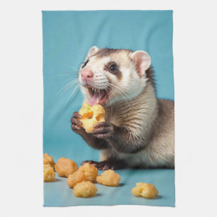 Cute Ferret Eating Cheese Puffs Tea Towel