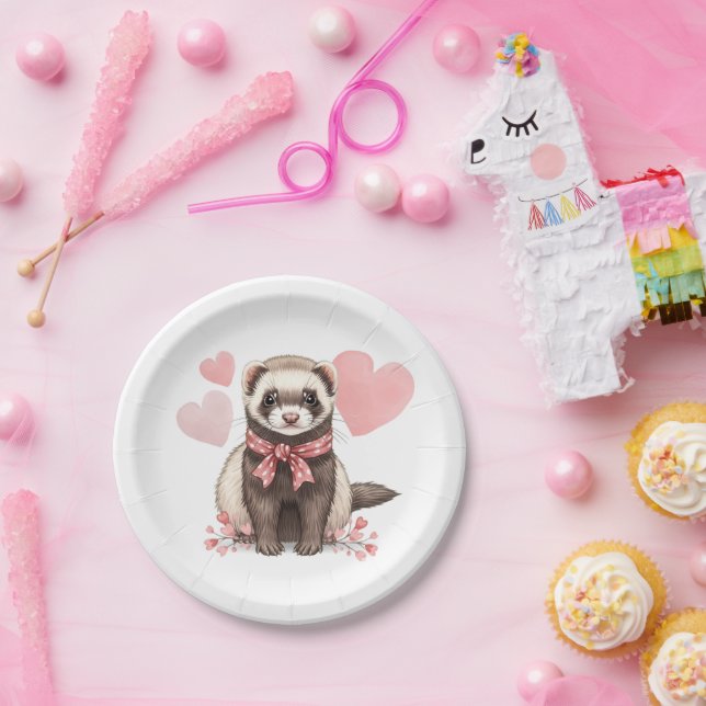 Cute Ferret Kawaii Pink Hearts Illustration Paper Plate (Party)