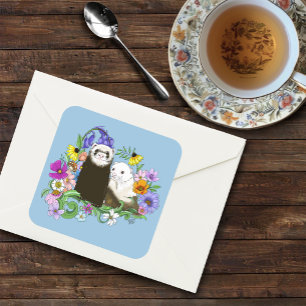 Cute Ferrets Floral Square Sticker