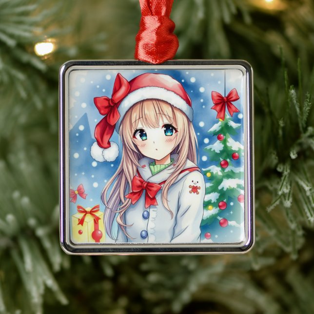 Cute Festive Anime Girl Christmas Metal Tree Decoration (Tree)