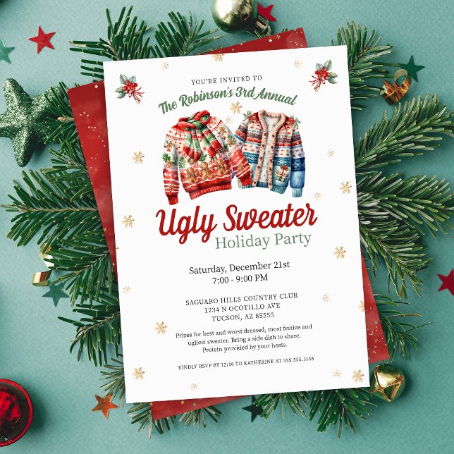 Cute Festive Annual Ugly Christmas Sweater Party Invitation (festive ugly christmas sweater party invitations for holiday party at corporate office family party)