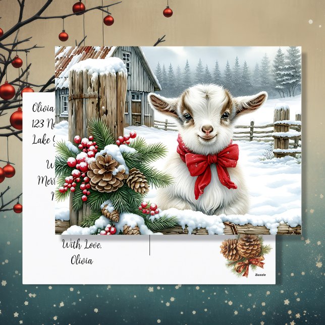 Cute Festive Baby Goat on the Farm Christmas Holiday Postcard (Creator Uploaded)