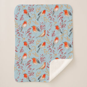 Cute festive birds pattern blue sherpa blanket