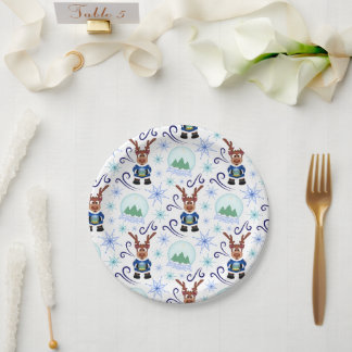Cute Festive Blue Christmas Reindeer Paper Plate