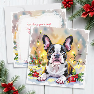 Cute Festive Boston Terrier Personalized Christmas Holiday Card