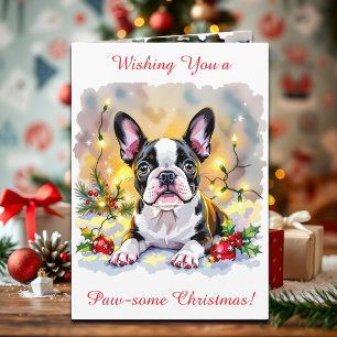 Cute Festive Boston Terrier Personalized Christmas Holiday Card