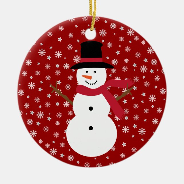 Cute Festive Cartoon Snowman Snowflakes & Stars Ceramic Tree Decoration (Front)