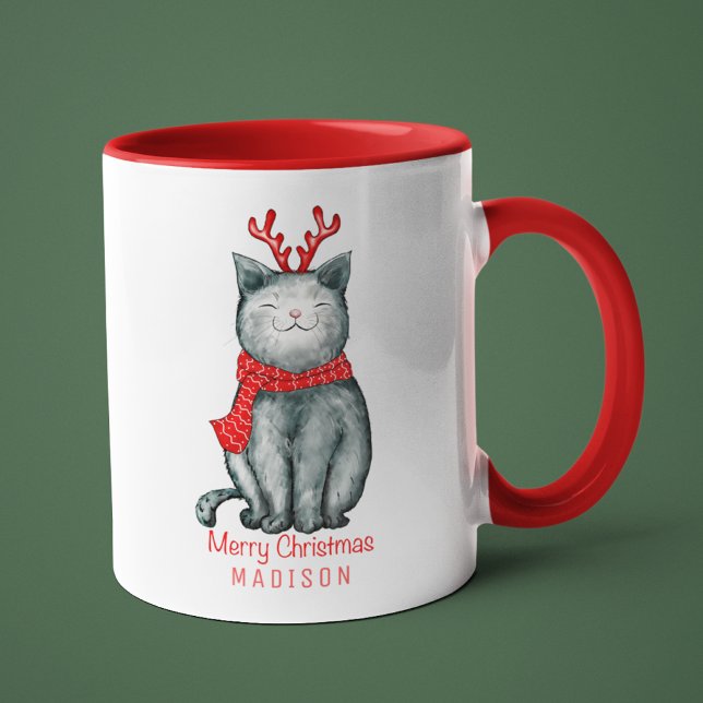 Cute Festive Cat Merry Christmas Personalised Name Mug (Creator Uploaded)