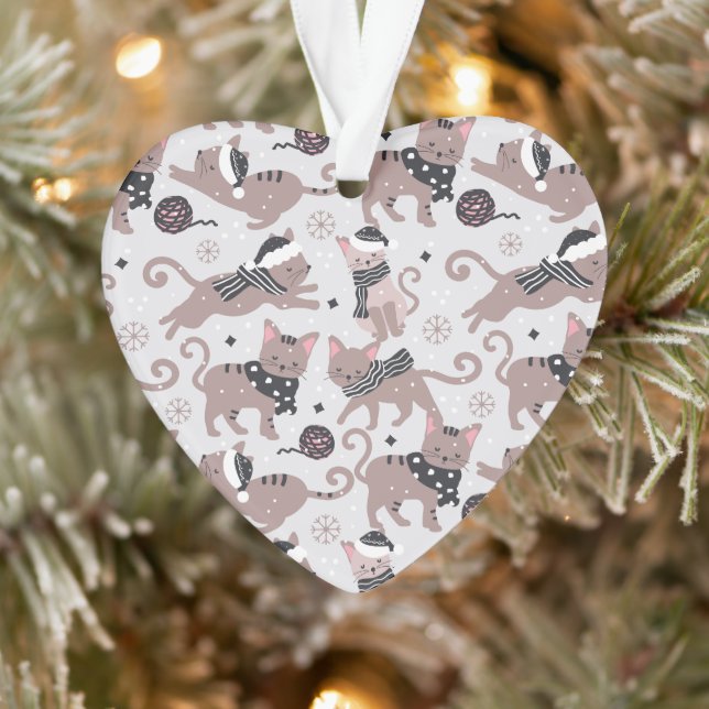 Cute Festive Cat Pattern Christmas Tree Heart Ornament (Tree)